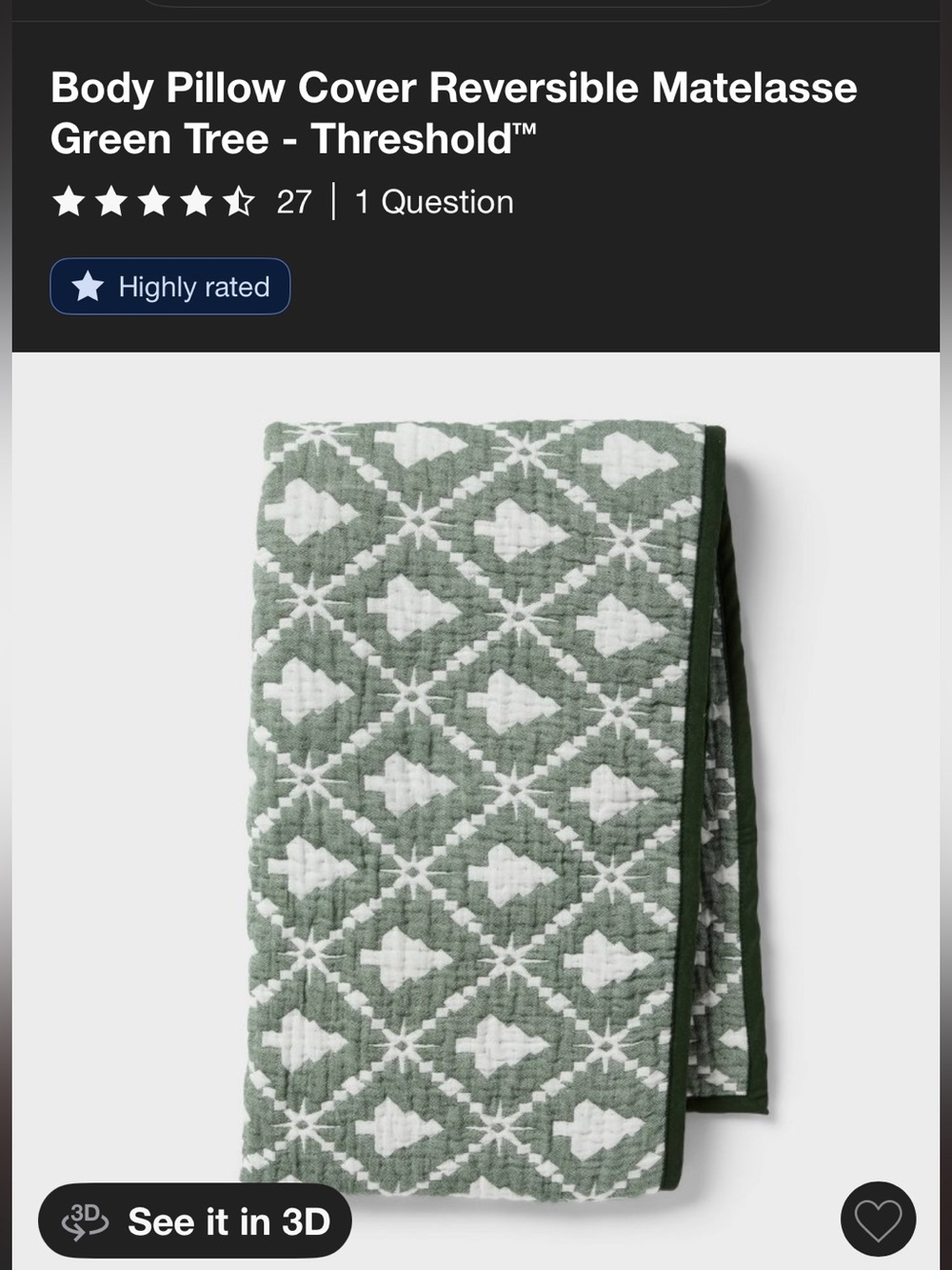 Target Threshold Reversible Matelassé Body Pillow Cover Green & White Tree